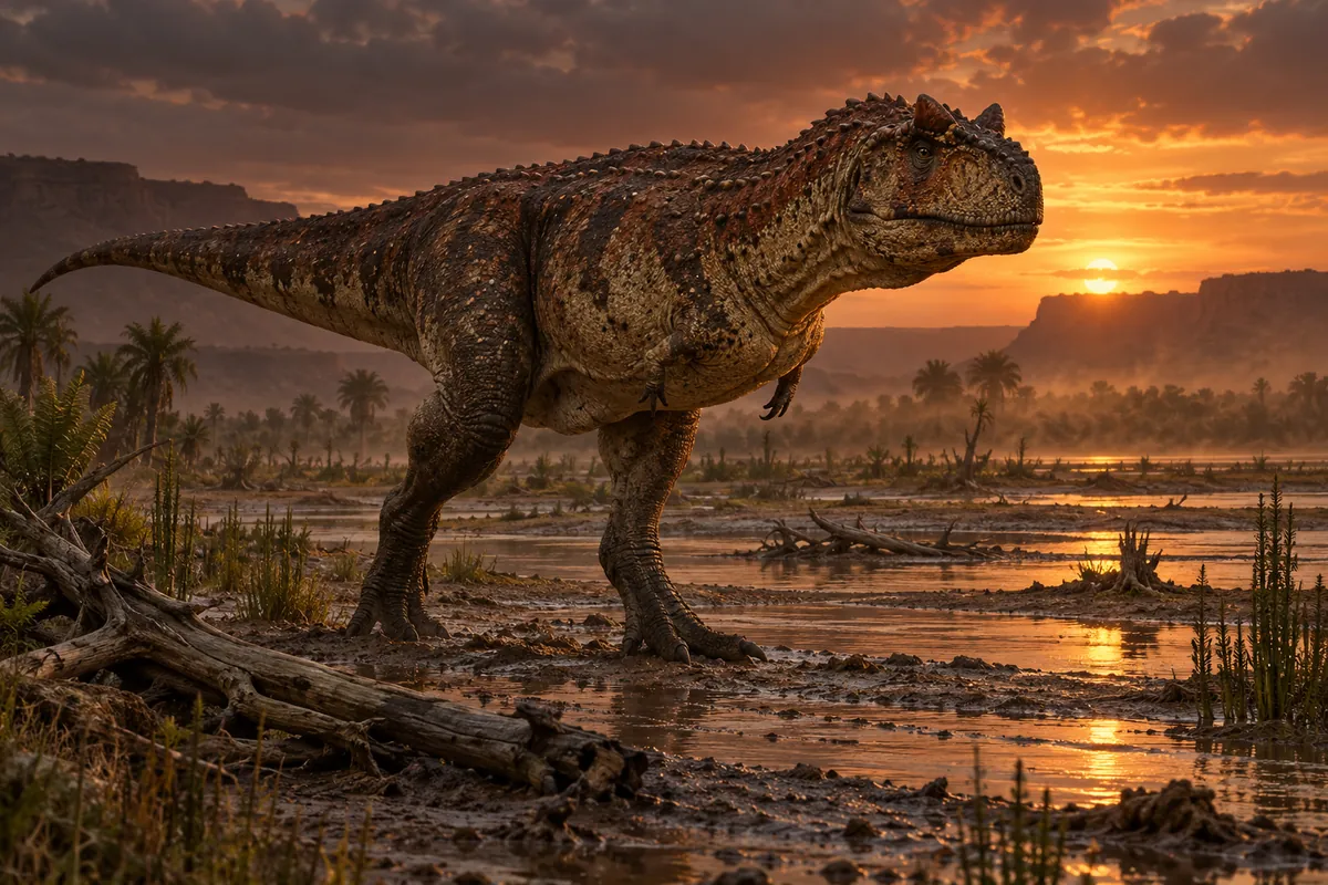 Abelisaurid theropod on a Cretaceous Kem Kem floodplain in Morocco – artist's reconstruction