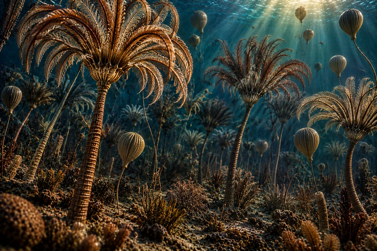 Scyphocrinites crinoid sea lilies with lobolite floats in an ancient Moroccan sea – artist's reconstruction