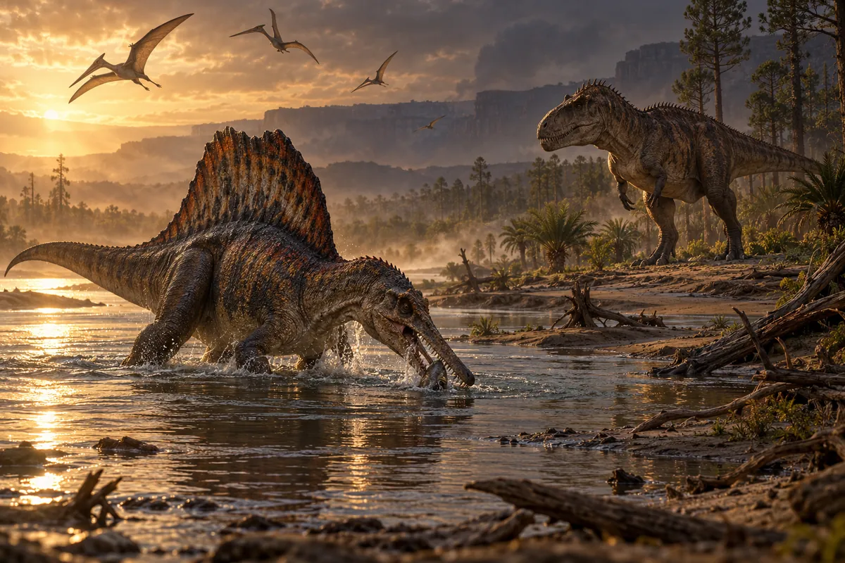 Spinosaurus and Carcharodontosaurus in the Cretaceous Kem Kem river system of Morocco – artist's reconstruction