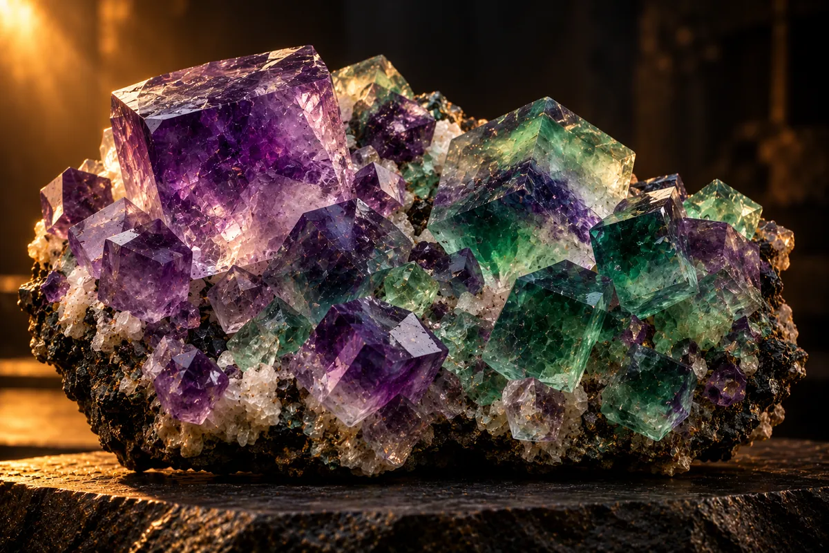 Purple and green cubic fluorite crystal cluster (illustration)
