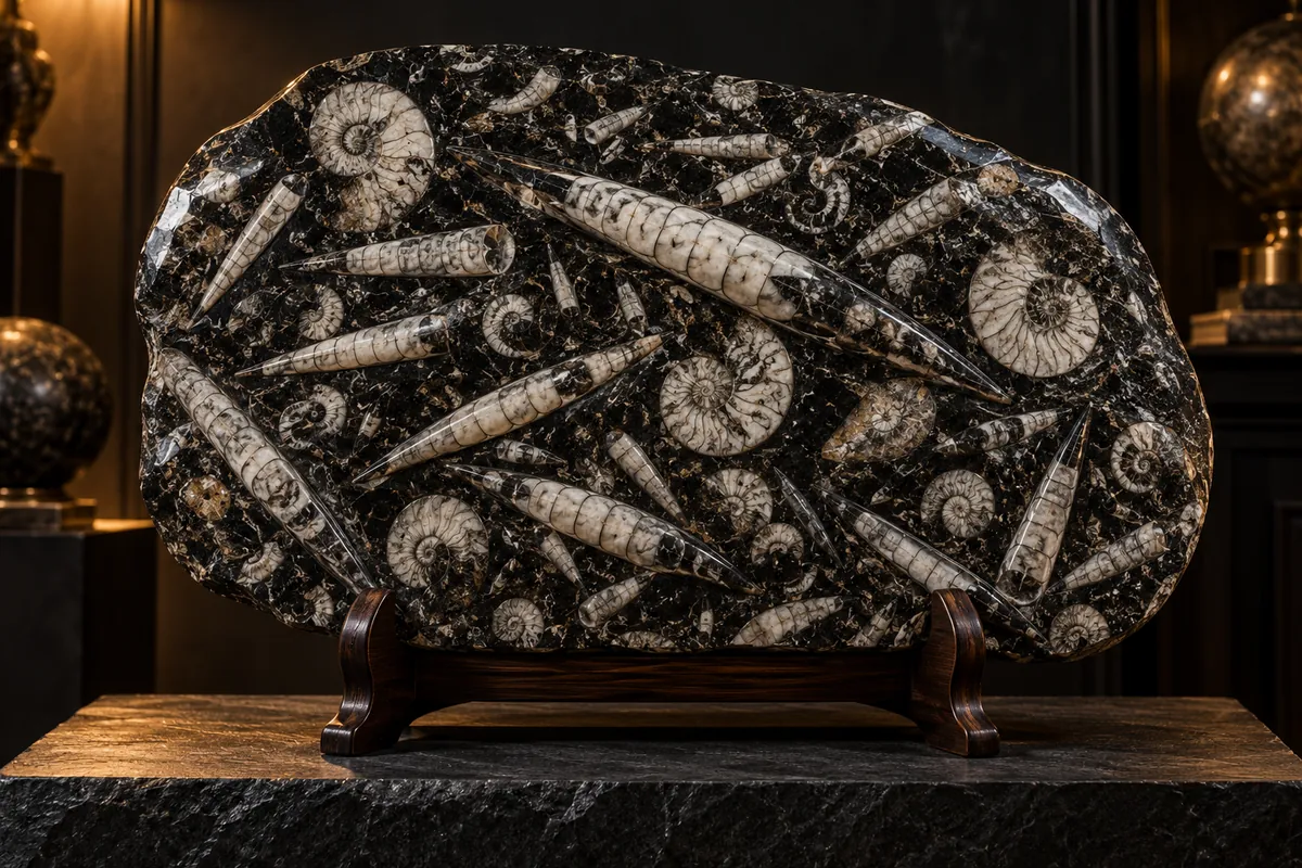 Black Moroccan fossil limestone plate with orthoceras and ammonoid fossils (illustration)