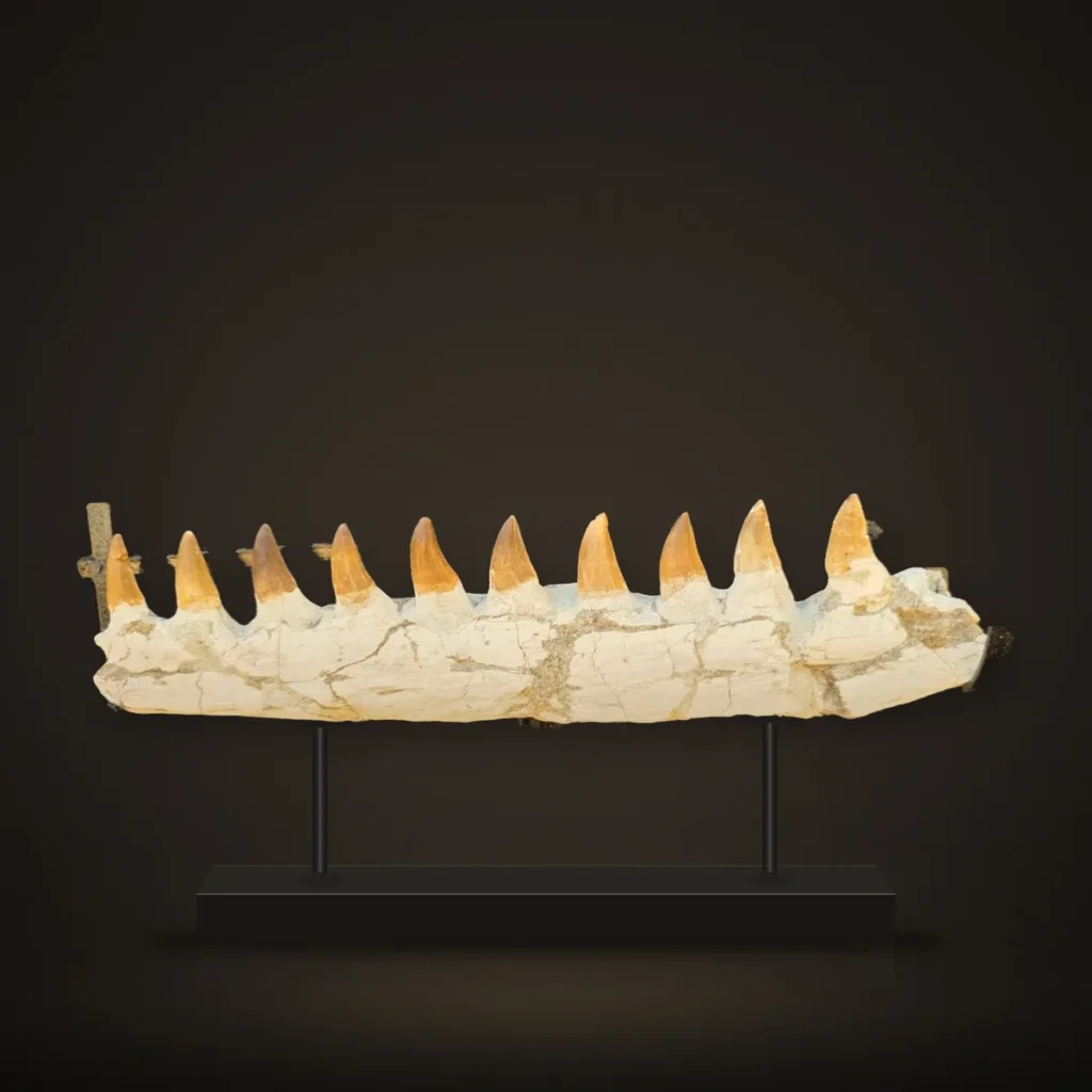 Mosasaur sp. Jaw – 35 cm – real specimen photographed by the supplier, shown on a display stand