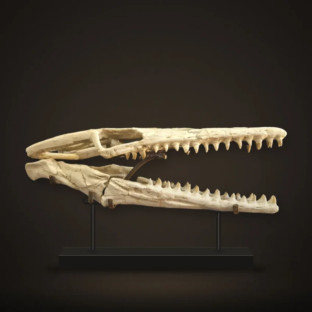 Mosasaur Skull – 54 cm – real specimen photographed by the supplier, shown on a display stand