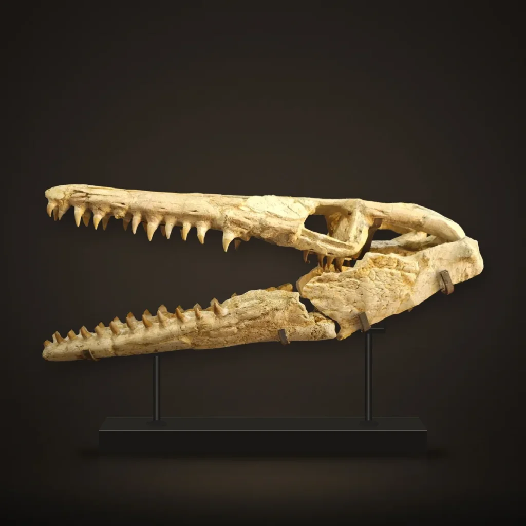 Platecarpus Mosasaur Skull – 60 cm – real specimen photographed by the supplier, shown on a display stand