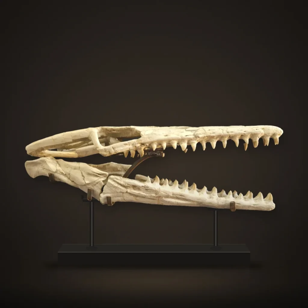 Platecarpus Mosasaur Skull – 52 cm – real specimen photographed by the supplier, shown on a display stand