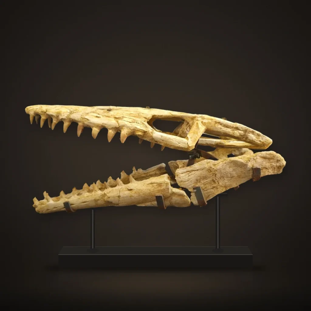 Mosasaur Skull – 35 cm, Original – real specimen photographed by the supplier, shown on a display stand