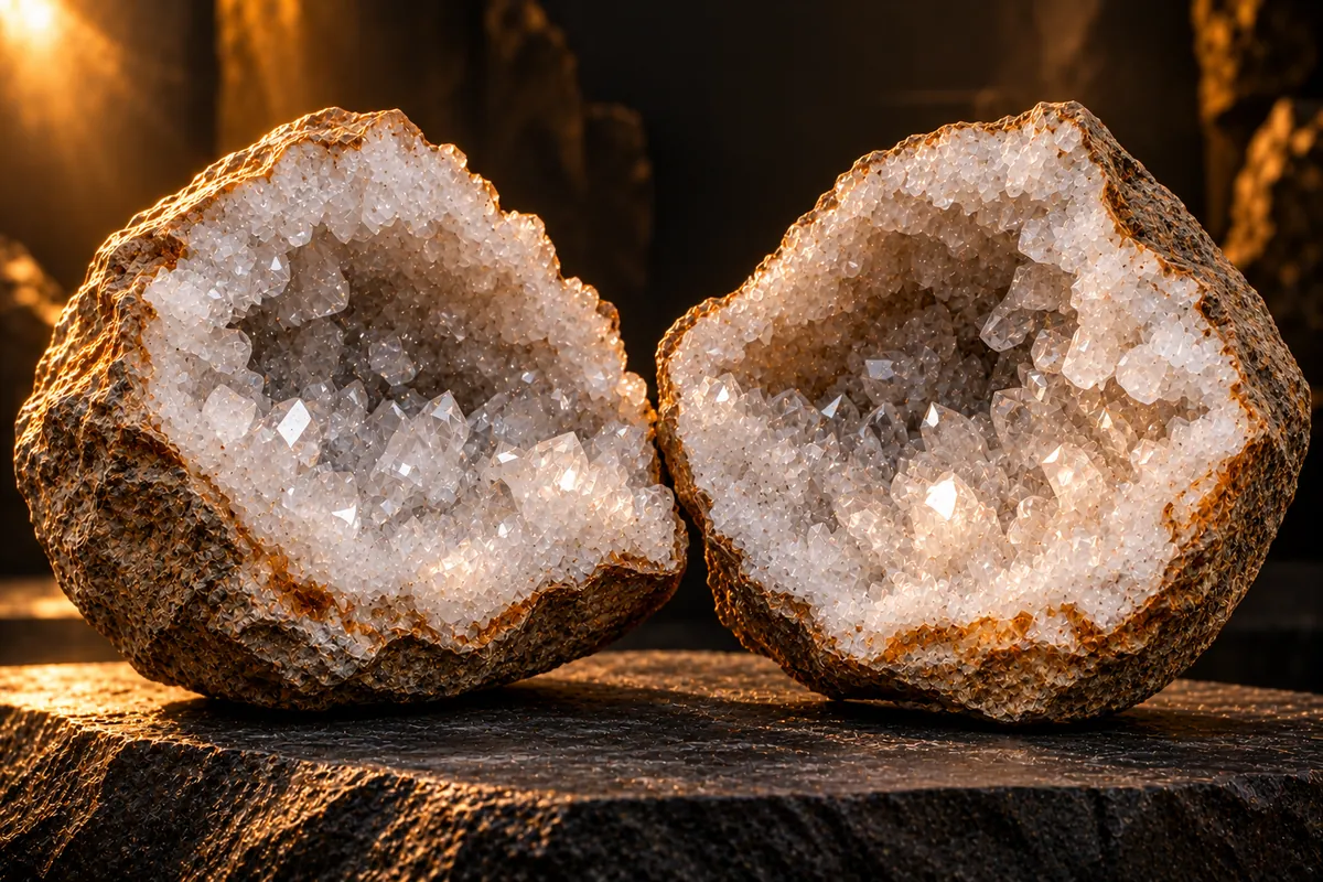 Split quartz geode with crystal-lined interior (illustration)