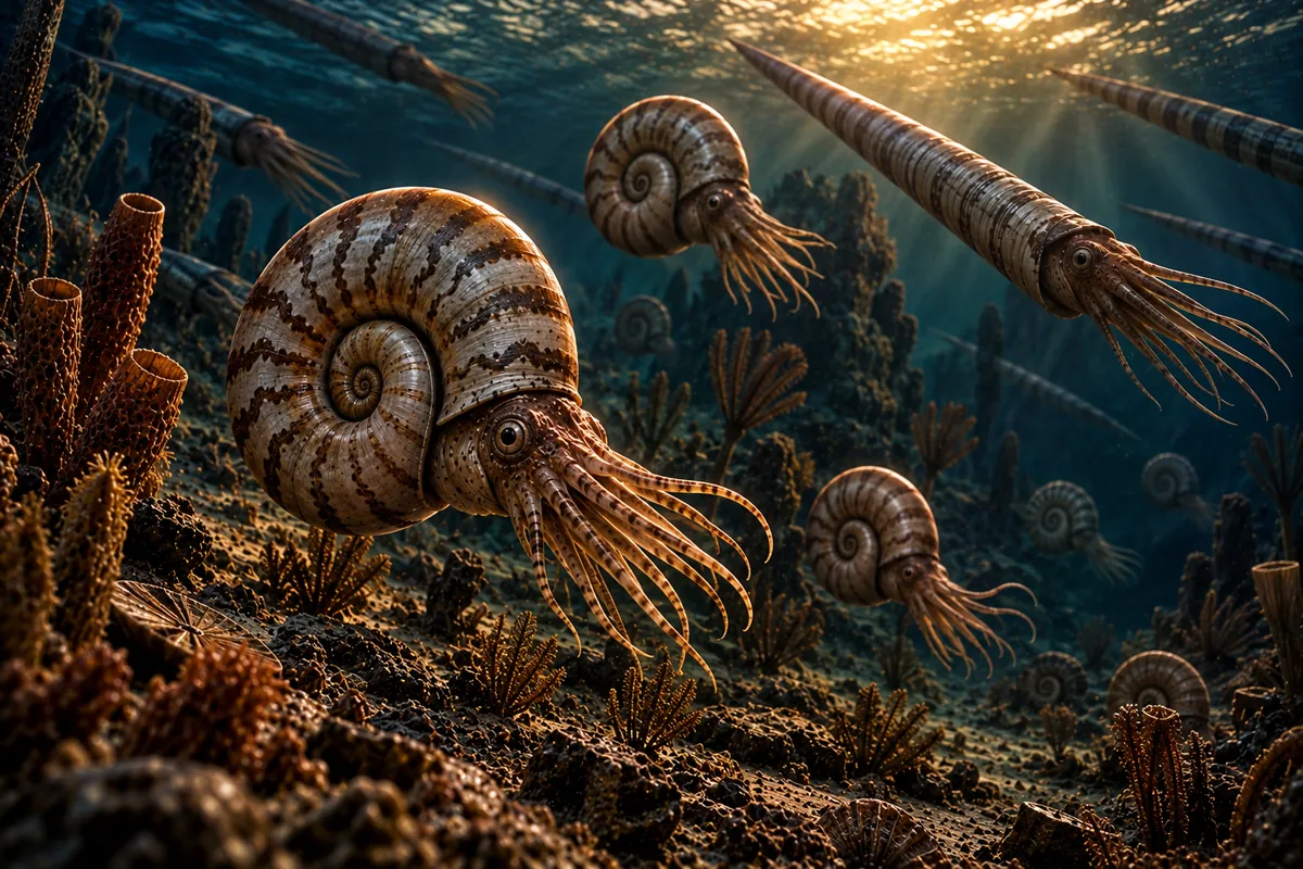 Devonian goniatites and orthocone nautiloids in the Anti-Atlas sea, Morocco – artist's reconstruction