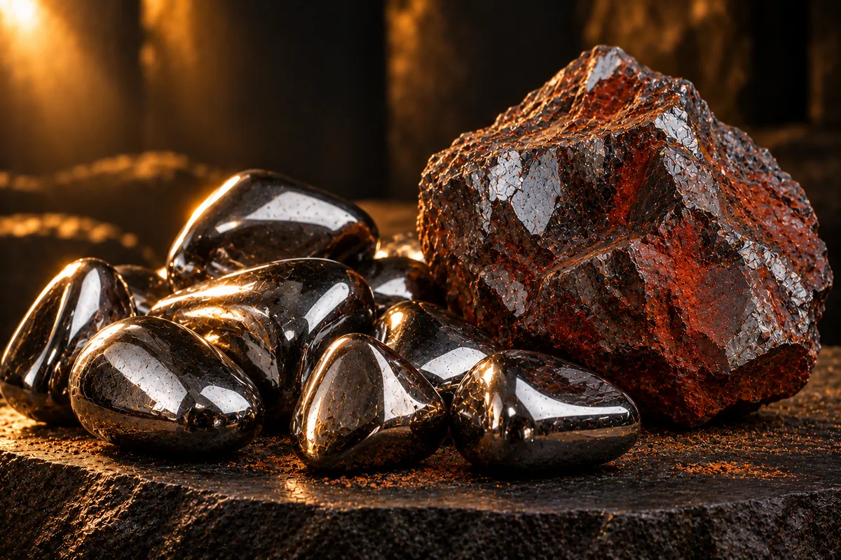 Polished hematite tumbled stones and raw hematite (illustration)