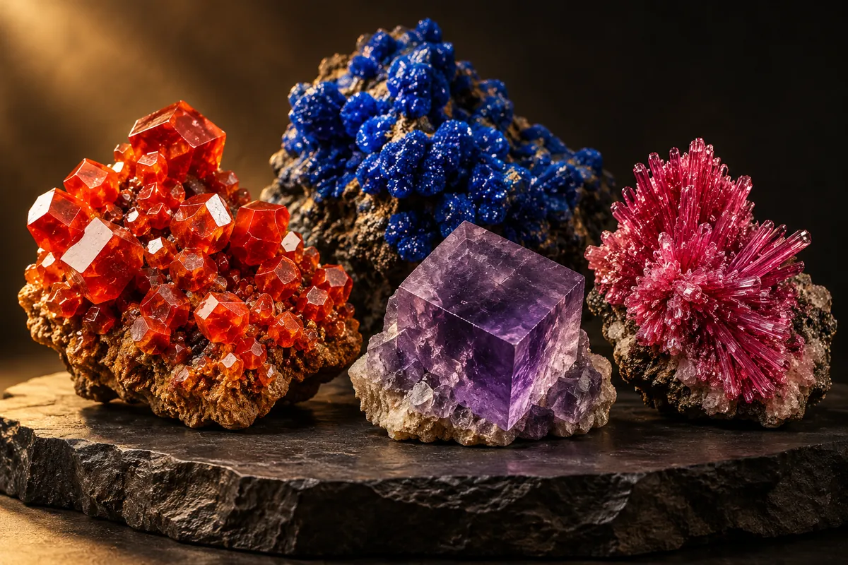 Moroccan minerals: vanadinite, azurite, fluorite and erythrite (illustration)