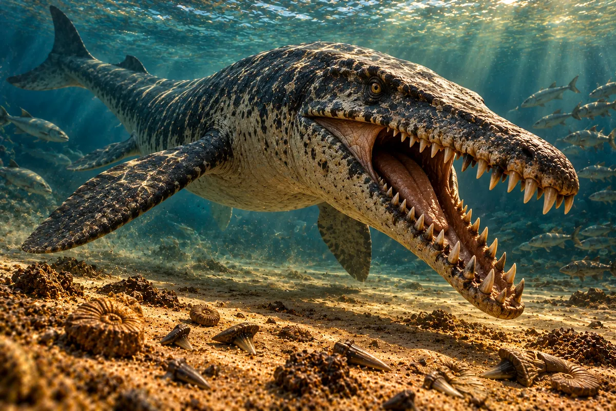 Artist's reconstruction of a mosasaur showing the conical teeth that are found as fossils in Morocco's phosphate beds