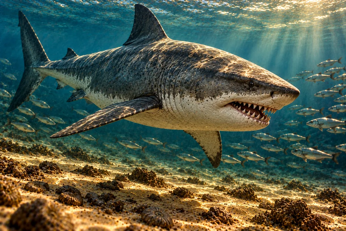 Artist's reconstruction of Otodus obliquus, the shark behind each Moroccan Otodus shark tooth, in an Eocene sea