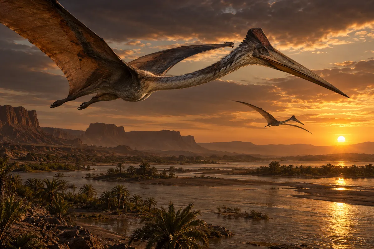 Azhdarchoid pterosaurs flying over a Cretaceous Kem Kem river in Morocco – artist's reconstruction