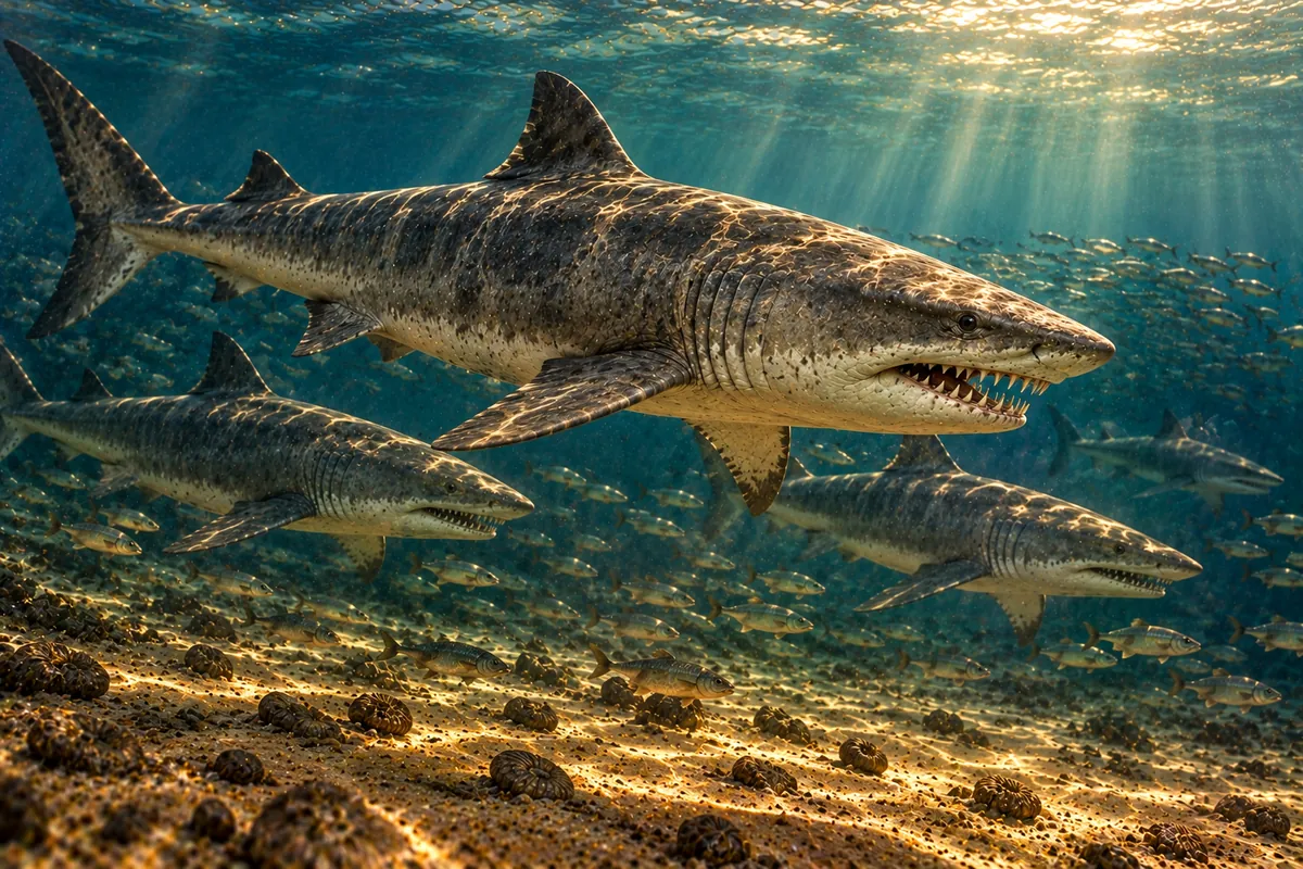 Artist's reconstruction of extinct sand tiger sharks behind the fossil sand tiger shark teeth from Morocco