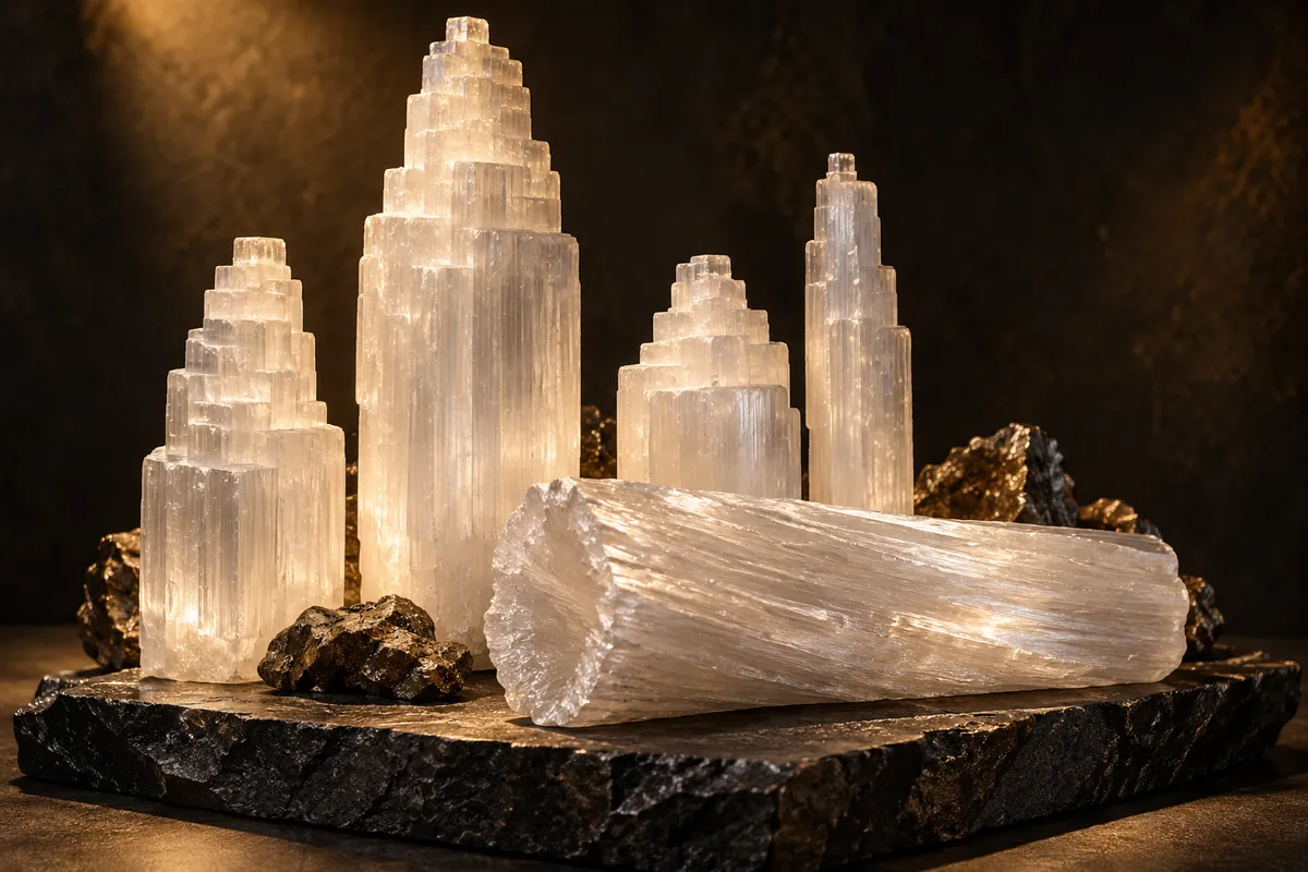 White selenite towers and raw selenite log (illustration)
