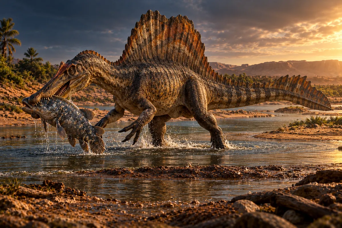 Artist's reconstruction of Spinosaurus hunting fish in a Kem Kem river, the source of Moroccan Spinosaurus teeth