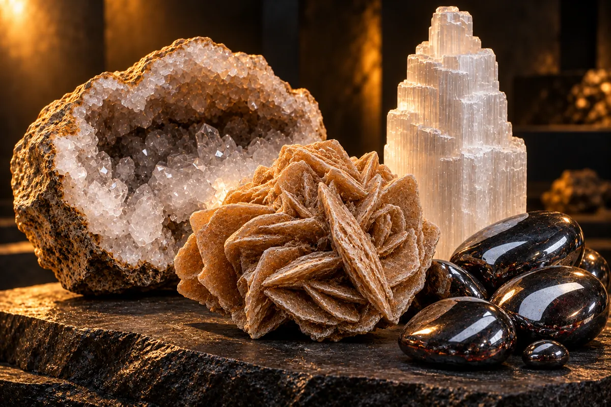 Moroccan stones: quartz geode, desert rose, selenite and hematite (illustration)