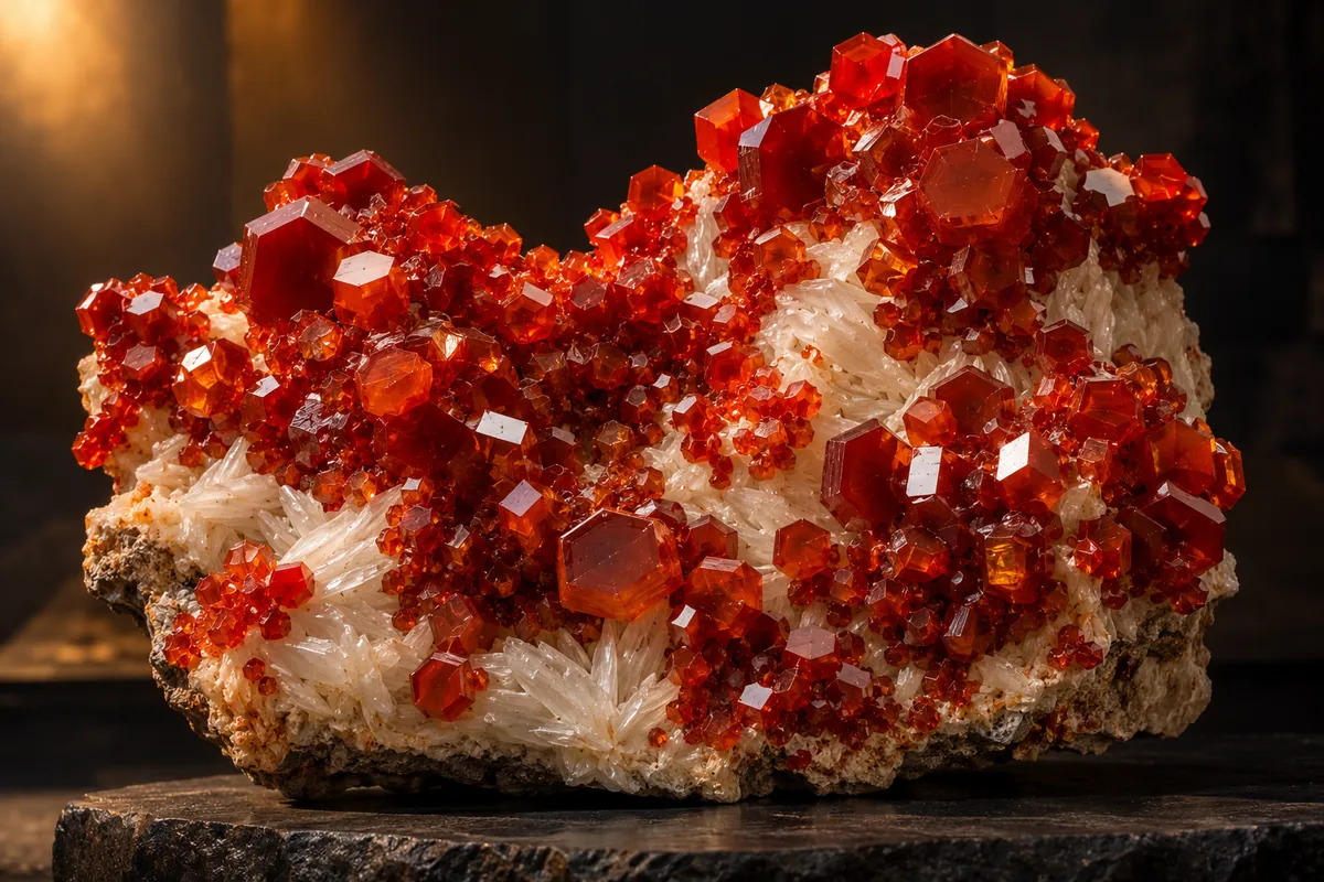 Red hexagonal vanadinite crystals on white barite (illustration)